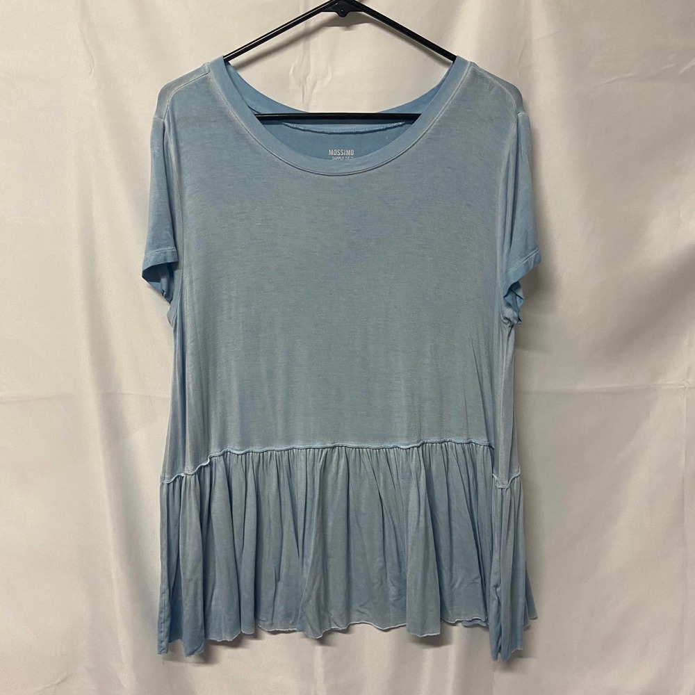 Mossimo Top Blouse Ruffle bottom Round Neck Size L Baby Blue